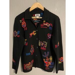 Chicos Design Sweater Womens 0 US Small Black Wool Button Up Aztec Embroidered